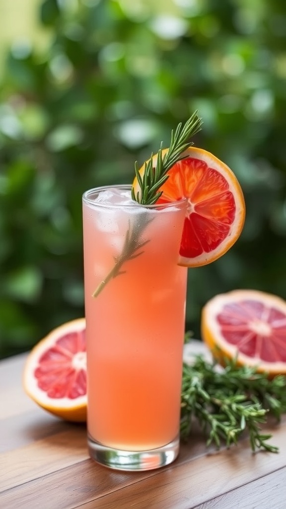 A refreshing grapefruit rosemary tequila cocktail in a glass, garnished with grapefruit slice and rosemary sprig.